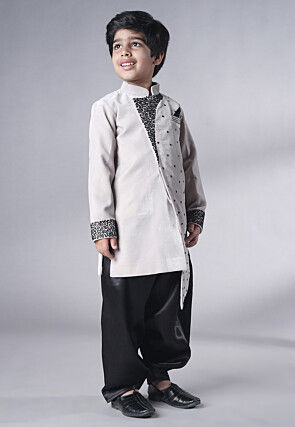 Hand Embroidered Velvet Sherwani Set in Grey