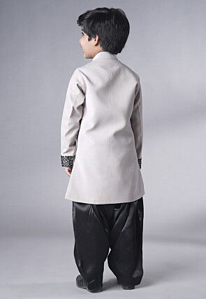 Hand Embroidered Velvet Sherwani Set in Grey