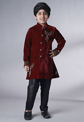 Hand Embroidered Velvet Sherwani Set in Maroon