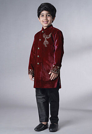 Hand Embroidered Velvet Sherwani Set in Maroon