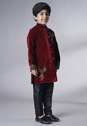 Hand Embroidered Velvet Sherwani Set in Maroon