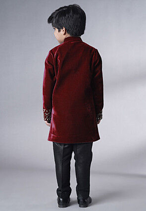 Hand Embroidered Velvet Sherwani Set in Maroon