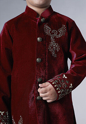 Hand Embroidered Velvet Sherwani Set in Maroon