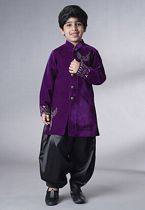 Hand Embroidered Velvet Sherwani Set in Purple