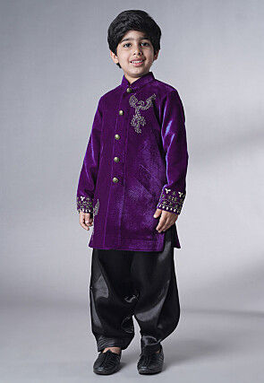 Hand Embroidered Velvet Sherwani Set in Purple