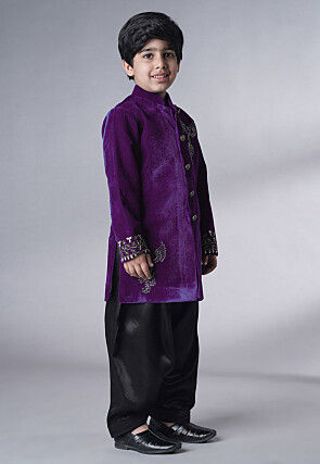 Hand Embroidered Velvet Sherwani Set in Purple