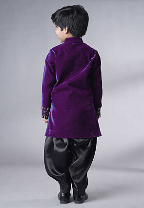 Hand Embroidered Velvet Sherwani Set in Purple
