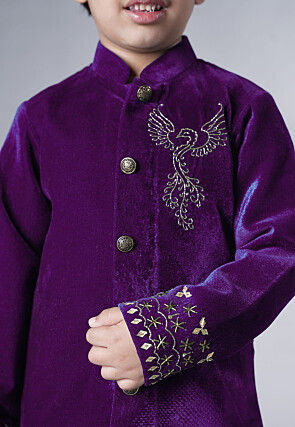 Hand Embroidered Velvet Sherwani Set in Purple