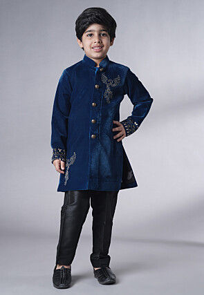 Hand Embroidered Velvet Sherwani Set in Teal Blue