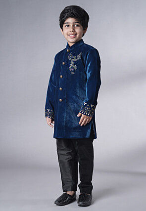 Hand Embroidered Velvet Sherwani Set in Teal Blue