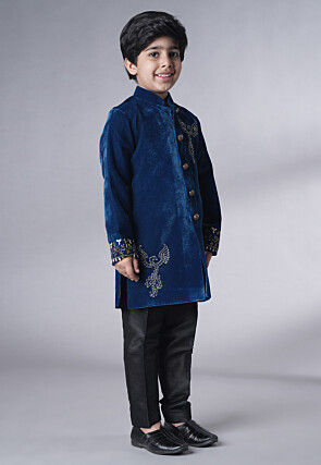 Hand Embroidered Velvet Sherwani Set in Teal Blue