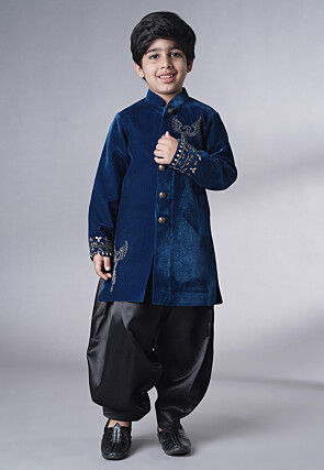Hand Embroidered Velvet Sherwani Set in Teal Blue