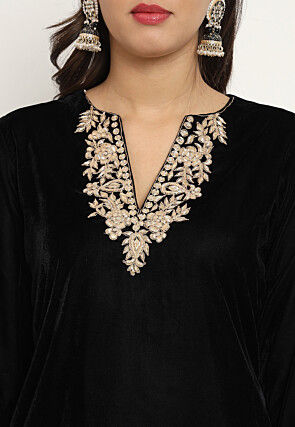 Hand Embroidered Velvet Straight Kurta Set in Black