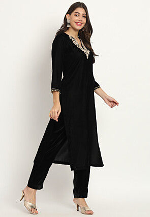 Hand Embroidered Velvet Straight Kurta Set in Black
