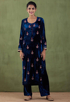 Hand Embroidered Velvet Straight Kurta Set in Royal Blue