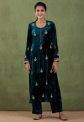 Hand Embroidered Velvet Straight Kurta Set in Teal Blue