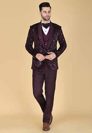 Hand Embroidered Velvet Tuxedo in Purple