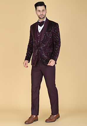 Hand Embroidered Velvet Tuxedo in Purple