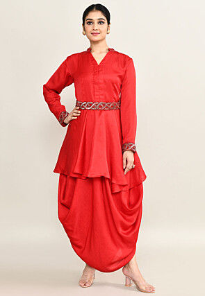 Hand Embroidered Viscose Cotton A Line Kurti Set in Red