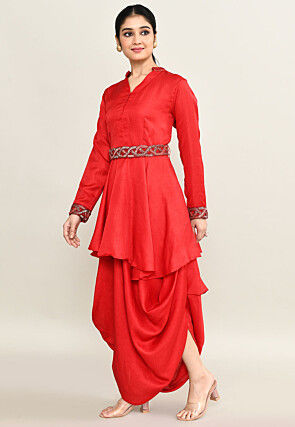 Hand Embroidered Viscose Cotton A Line Kurti Set in Red