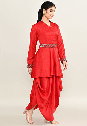 Hand Embroidered Viscose Cotton A Line Kurti Set in Red