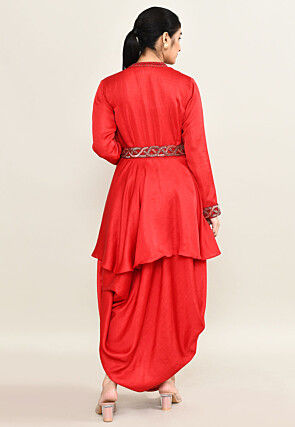 Hand Embroidered Viscose Cotton A Line Kurti Set in Red