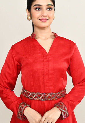Hand Embroidered Viscose Cotton A Line Kurti Set in Red