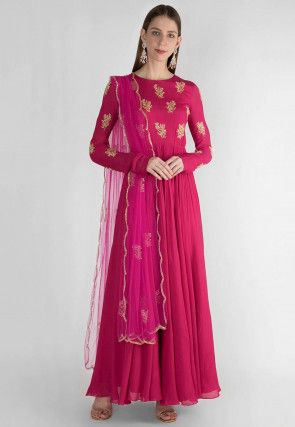Hand Embroidered Viscose Georgette Abaya Style Suit in Fuchsia
