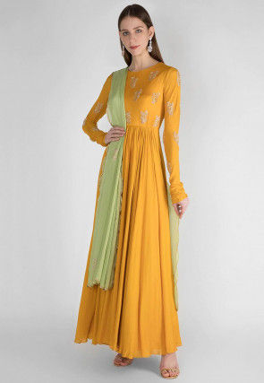 Hand Embroidered Viscose Georgette Abaya Style Suit in Mustard