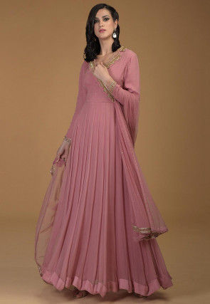 Hand Embroidered Viscose Georgette Abaya Style Suit in Old Rose