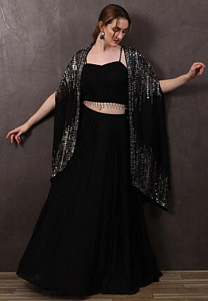 Hand Embroidered Viscose Georgette Crop Top Set in Black
