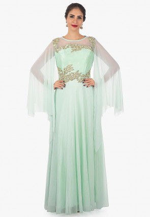 Hand Embroidered Viscose Georgette Gown in Pastel Green