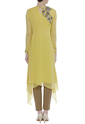Hand Embroidered Viscose Georgette Kurta Set in Yellow