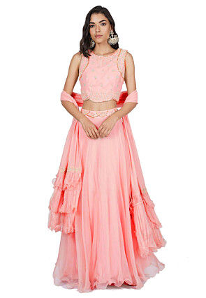 Hand Embroidered Viscose Georgette Lehenga in Baby Pink