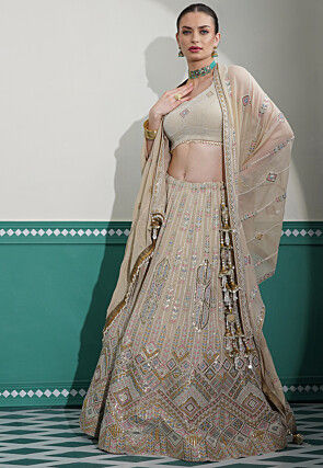 Hand Embroidered Viscose Georgette Lehenga in Light Beige