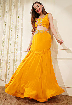 Hand Embroidered Viscose Georgette Lehenga in Mustard