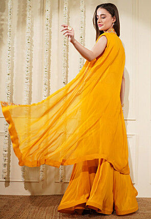 Hand Embroidered Viscose Georgette Lehenga in Mustard