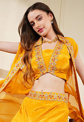Hand Embroidered Viscose Georgette Lehenga in Mustard
