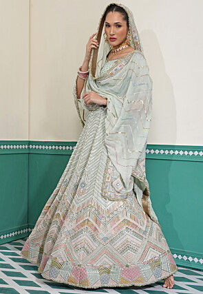 Hand Embroidered Viscose Georgette Lehenga in Pastel Green