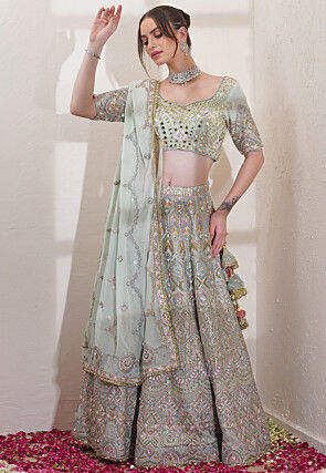 Hand Embroidered Viscose Georgette Lehenga in Pastel Green