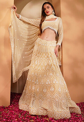 Hand Embroidered Viscose Georgette Lehenga in Pastel Yellow