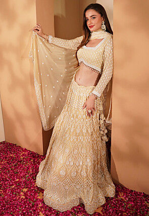 Hand Embroidered Viscose Georgette Lehenga in Pastel Yellow
