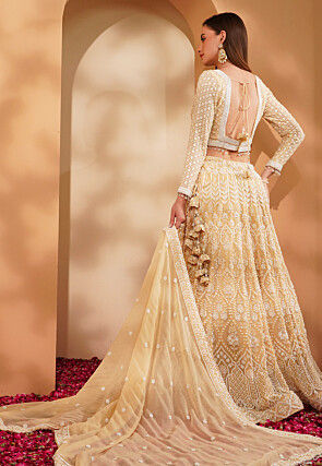 Hand Embroidered Viscose Georgette Lehenga in Pastel Yellow
