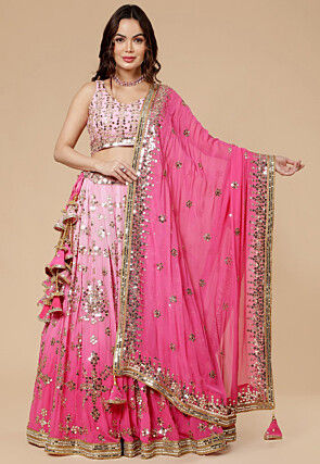 Hand Embroidered Viscose Georgette Lehenga in Pink Ombre
