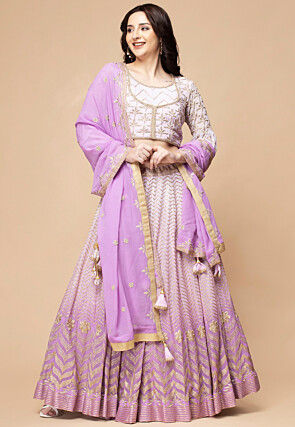 Hand Embroidered Viscose Georgette Lehenga in Purple Ombre