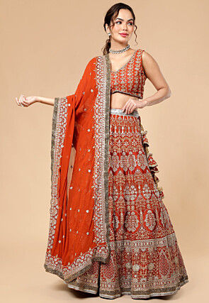 Hand Embroidered Viscose Georgette Lehenga in Rust