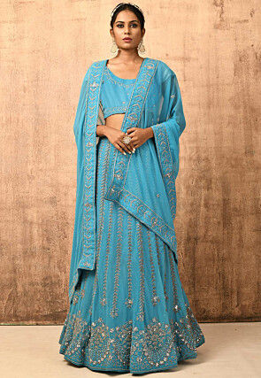 Hand Embroidered Viscose Georgette Lehenga in Sky Blue