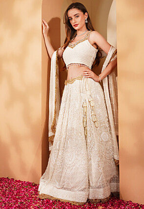 Hand Embroidered Viscose Georgette Lehenga in White