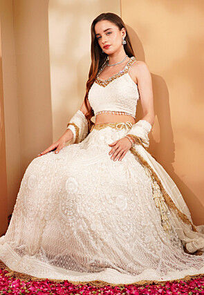 Hand Embroidered Viscose Georgette Lehenga in White