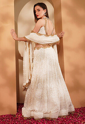 Hand Embroidered Viscose Georgette Lehenga in White